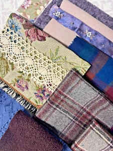 Lovely textured bundle of muted blues & aubergine wools, fabric & trims - Picture 1 of 8
