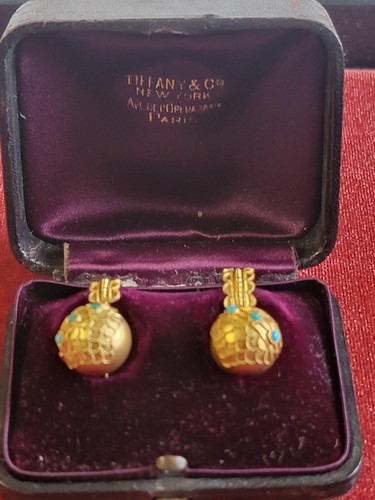 Tiffany & Co 14KYG Bloomed Gold Turquoise Earrings & Box RARE C.1880 Victorian