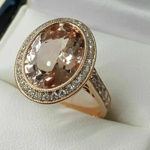 3Ct Oval Lab Created Morganite Halo Engagement Ring 14K Rose Gold Silver Plated - Picture 1 of 3