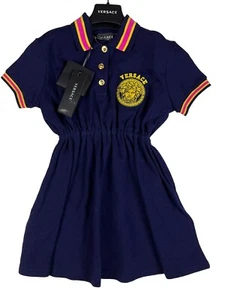 Versace Medusa Logo Short Sleeve Polo Shirtdress Girls 4A Navy/Gold Buttons - Picture 1 of 12