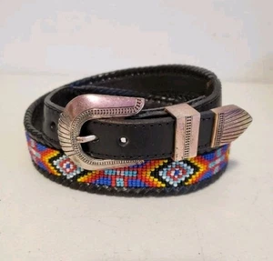 Eddie Bauer Seed Bead Tribal Cintura in pelle nera Rainbow Road Festival anni ' 90 Sz 32 - Foto 1 di 12