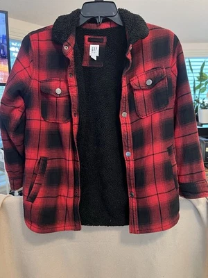Gap Kids Size XL Sherpa Lined Red Buffalo Plaid Trucker Snap Up Jacket - EUC - Image 1 of 4