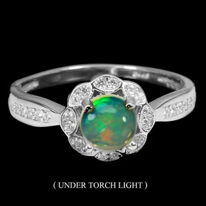 925 Sterling Silver Round Ring with Fire Opal, 6mm Simulated Zirconia - Picture 1 of 10