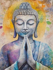 Leinwandbild Aquarell blau grau gelb Buddha Wandbild Poster Druck - Bild 1 von 22