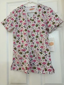 eliteMed Christmas pink flamingo Scrub Top, medium - Picture 1 of 2