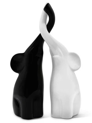 Amorosa pareja de elefantes en blanco y negro - Escultura de cerámica moderna como un s... Foto 1 de 4