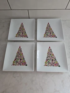 NEW 4 Crate & Barrel Christmas Tree 6" Square Appetizer Plates   - Picture 1 of 4