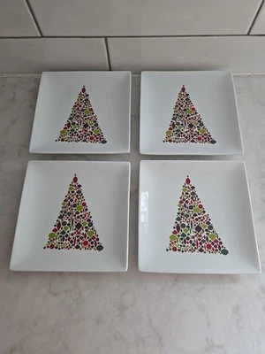 NEW 4 Crate & Barrel Christmas Tree 6" Square Appetizer Plates   - Image 1 of 4