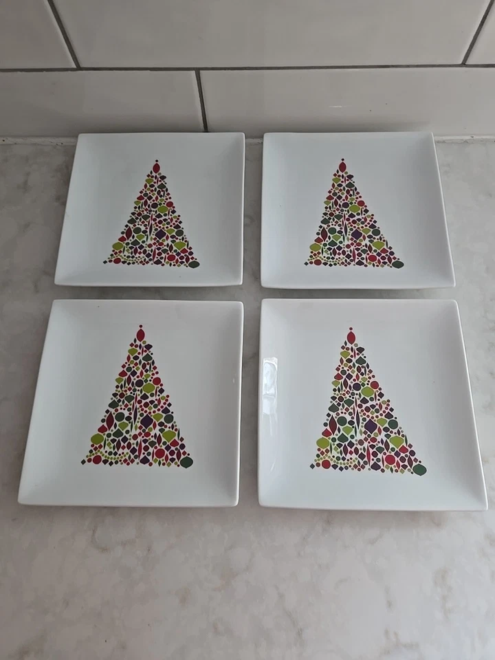 NEW 4 Crate & Barrel Christmas Tree 6" Square Appetizer Plates   - Image 1 of 4