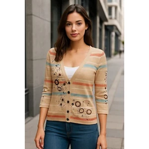 Anthropologie Moth Striped Cardigan Embellished Floral Design Boho Chic Women M - Picture 1 of 7