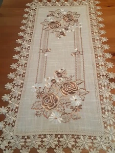 40*90cm Rectangle LinenLookCrossStitch FlowersBrownEmbroideredTraditional/Runner - Picture 1 of 4