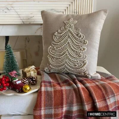 Beige Christmas Home Decor Throw Pillow Cover Linen Pillowcase - Snow Pearl Tree - Image 1 of 4