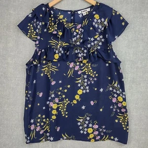BB Dakota Anthropologie Top Womens Medium Blue Bohemian Ruffle Floral Cap Sleeve - Picture 1 of 19