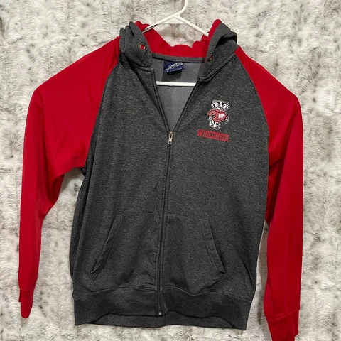 Wisconsin Badgers Track Jacket Hooded Full Zip Spellout Mens Large Gray Red Cover