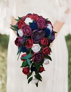 Navy Purple Burgundy Sola Wood Bridal Bouquet Jewel Color Cascade Wedding Flower - Picture 1 of 23