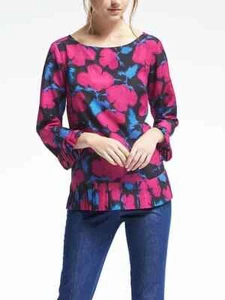 Banana Republic Easy Care Floral Pleat Blouse Royal Fuchsia Polyester L NWT - Picture 1 of 9