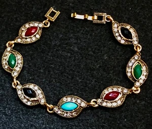 Bracciale stazione pietre navetta color oro e strass trasparenti 8" nuovo senza etichette - Foto 1 di 8