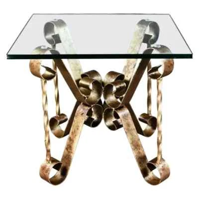Hollywood Regency Antiqued Gold Iron End or Side Accent Table Square Glass Top - Image 1 of 4