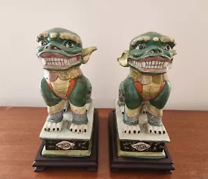 2 Vintage Guardiano Cinese Ceramica Fu Foo Bestia Leoni Cani Verde Altezza 10in - Foto 1 di 17