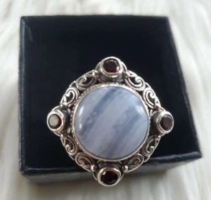 Sterling Silver 925 Ornate Blue Lace Agate Garnet Chunky Ring Jewelry $178 - Picture 1 of 9