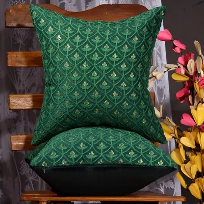 decorative pillow cover embroidered cushion cover designer forest green pillow2p - Image 1 of 4