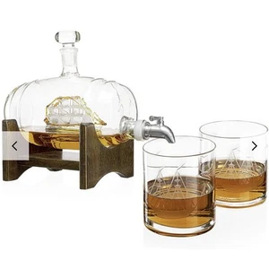 Wine Savant Whiskey Ship In Barrel Decanter W/ 2-10oz Glasses. New In Box. - Picture 1 of 3