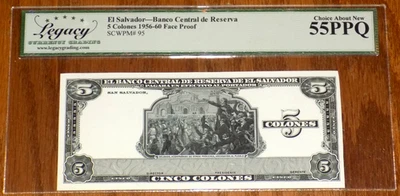 El Salvador 5 Colones 1956-60 P95 Face Proof Note LEGACY CHOICE ABOUT NEW 55PPQ - Image 1 of 4