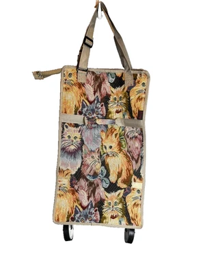Vtg Cat Tapestry Rolling Tote Bag Kitty Print Market Cart Wheels Granny Core - Изображение 1 из 4