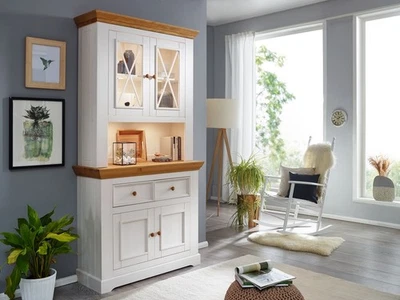 Buffet 2-trg. Vitrine Massivholz Kiefer massiv weiß /eichefarbig NEU OVP!!! - Bild 1 von 4