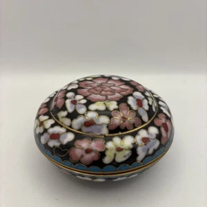 Vintage Cloisonné runde emaillierte Schmuckschatulle Blumen mit blauem Interieur - Bild 1 von 6