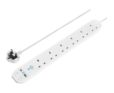 Masterplug 6 Socket 2 Meter Surge Protection Fast Extension Lead with USB A+C - Image 1 of 4