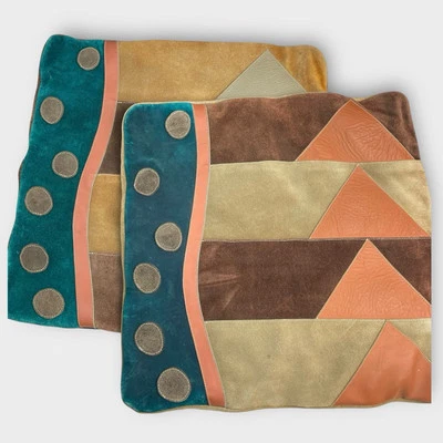 VTG 2 16" Square Pillow Covers Suede Heavy Leather Patchwork Brown Blue Artisan - Image 1 of 4