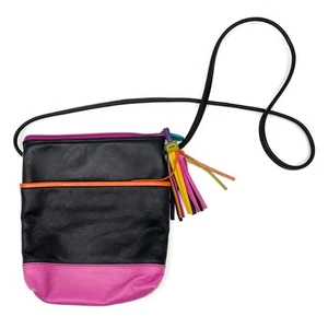 ILI New York Leather Crossbody Bag Colorblock Pink Black Tassel Y2K Retro Chic - Picture 1 of 15