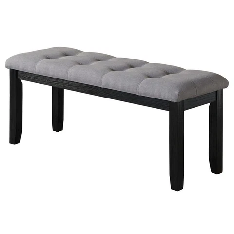 Gray Fabric Linen Wood Dining Bench with Tufted Seats and Black Base Cover