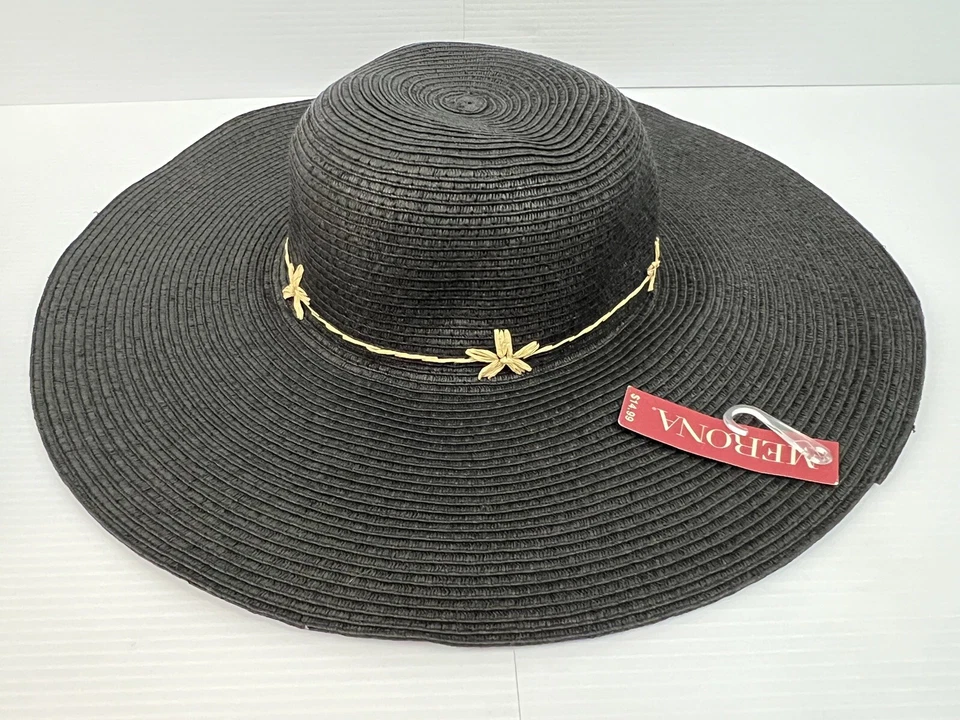 Merona Women's Floppy Woven Sun Beach Hat Black Wide Brim 17” NWT New w Tags - Image 1 of 4