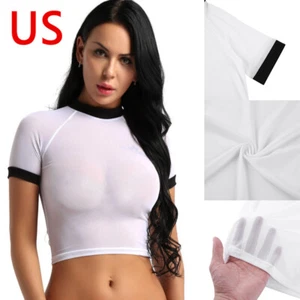 Women's See Through Sheer Mesh Slim Crop Top Casual Sexy T-Shirt Sexy Blouse - Picture 1 of 25