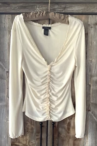 Vintage Express Langarm tiefer Ausschnitt matt Seide Stretch Rüschen Top M L - Bild 1 von 14