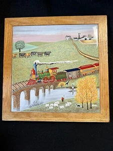 VTG 1982 LOWELL HERRERO CERAMIC ART TILE WALL HANGING W/WOOD FRAME TRAIN FARM - Picture 1 of 4