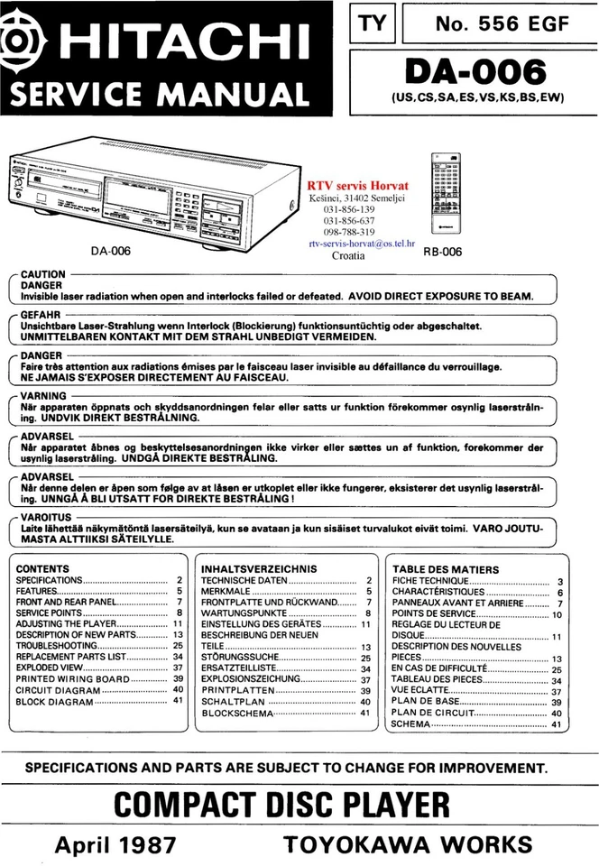 Servizio Manuale di Istruzioni per hitachi DA-006 - Immagine 1 di 1