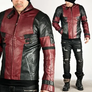 Ryan Reynolds Deadpool Front Zip Closure Red and Black Leather Motorcycle Jacket - Picture 1 of 7
