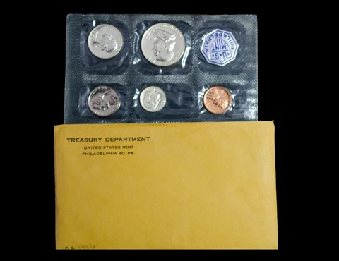 1956 U.S. PROOF SET. The Coins are U.S. Mint Sealed in a flat cello & 1964 RCM Cover