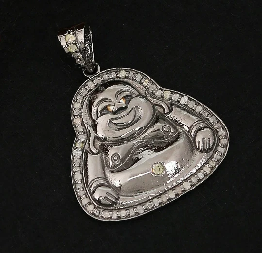 Pingente budista colar rindo Buda pingente de prata pingente de diamante  - Imagem 1 de 2