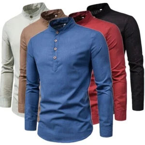 Mens Casual Cotton Shirt Long Sleeve Stand Collar Pullover Button Henley T-shirt - Picture 1 of 46