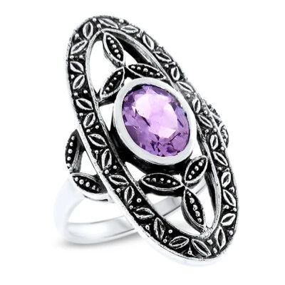 GENUINE AMETHYST 925 STERLING SILVER VICTORIAN DESIGN ANTIQUE STYLE RING   1068z - Image 1 of 4