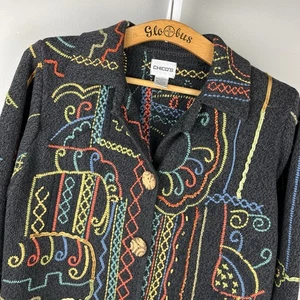 Chicos Embroidered Cardigan Sweater Size 1 Womens M/8 Gray Artsy Art to Wear VTG - Picture 1 of 7