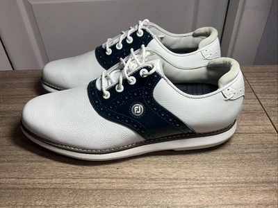 Zapatos de golf FootJoy MyJoys para mujer de cuero blanco/azul con púas suaves 7M - nuevos sin caja Foto 1 de 4