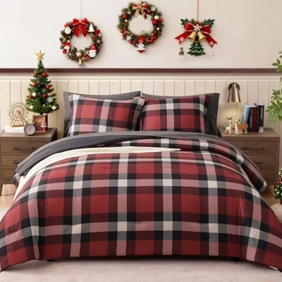 Juego de edredón Queen juego de cama a cuadros 7 piezas para niños tamaño queen 7 piezas rojo Foto 1 de 4