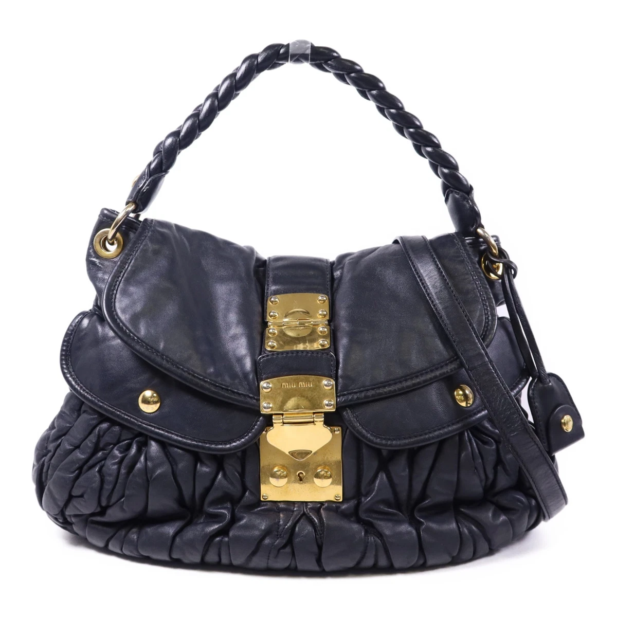 バッグ miu miu 2way black leather shoulder bag MIU MIU Leather 2 Way Bag Hand Bag Shoulder Bag Black Authentic