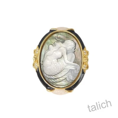 Broche Colgante Camafeo Sirena Madreperla Negro Plata Esterlina 18K GP Único Foto 1 de 4