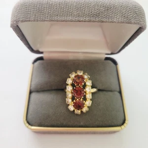 Vintage Costume Adjustable Ring Amber Clear Rhinestones Gold Tone Prong Set - Picture 1 of 8